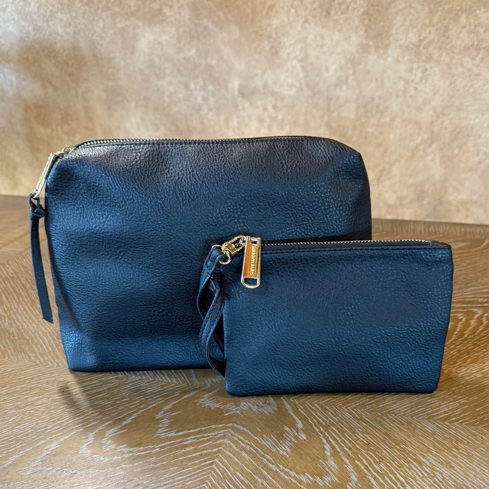 Steve Madden Clutch Make Up Bags Travel Black, Zip Top Set of 2